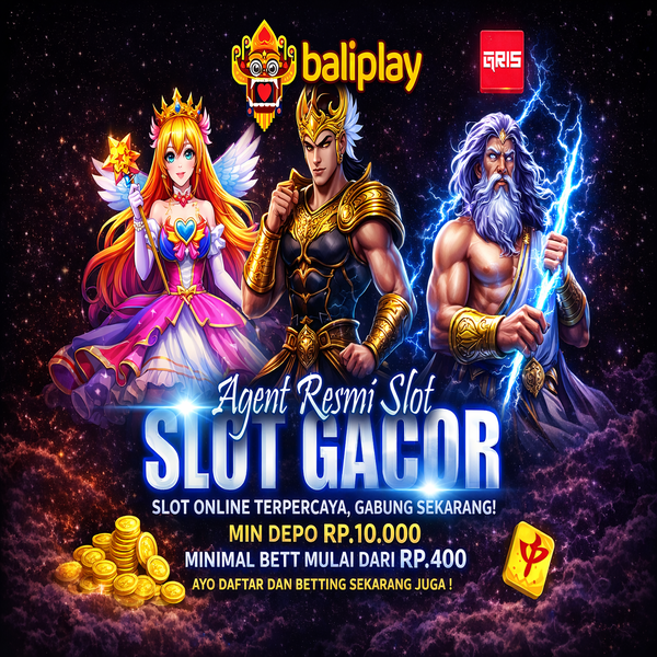 Ilustrasi karakter dewa Zeus dan tokoh fantasi dengan tema Baliplay slot gacor, menampilkan promosi agen resmi slot online dengan minimal deposit Rp10.000 dan tampilan koin emas serta efek petir.